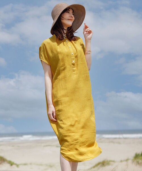 美品*23区 × LIBECO リネン シャツワンピース*サイズ32 イエロー 23区（ニジュウサンク）の「LIBECO シャツワンピ―ス（シャツ