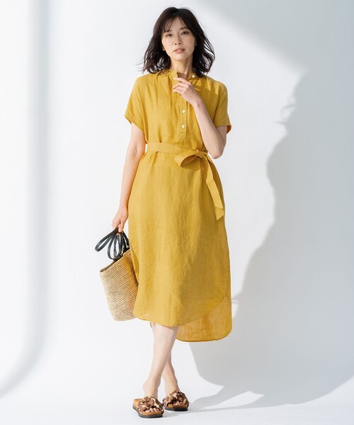 美品*23区 × LIBECO リネン シャツワンピース*サイズ32 イエロー 23区(ニジュウサンク)の「LIBECO シャツワンピ―ス(シャツ
