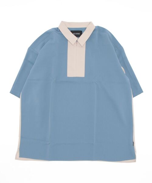 AZIONE(アジオネ)の「AZIONE/アジオネ/ハーフジップ半袖シャツ(シャツ/ブラウス・メンズ・ブルー/ベージュ・L)」の1枚目の写真