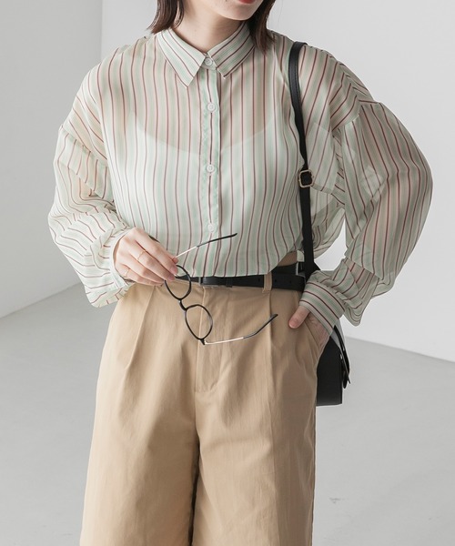 BONLECILL(ボンルシール)の「マルチストライプ レギュラーカラーシアーシャツ(シャツ/ブラウス・レディース・アイボリー/ピンク/オレンジ・FREE)」の6枚目の写真