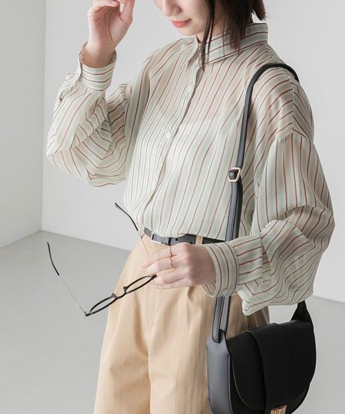 BONLECILL(ボンルシール)の「マルチストライプ レギュラーカラーシアーシャツ(シャツ/ブラウス・レディース・アイボリー/ピンク/オレンジ・FREE)」の7枚目の写真