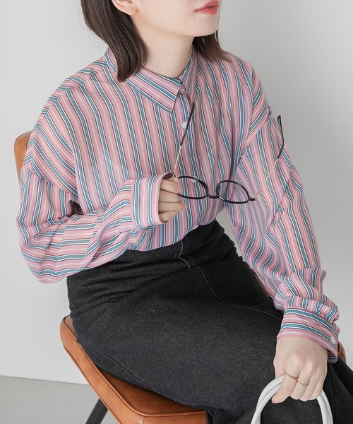 BONLECILL(ボンルシール)の「マルチストライプ レギュラーカラーシアーシャツ(シャツ/ブラウス・レディース・アイボリー/ピンク/オレンジ・FREE)」の12枚目の写真