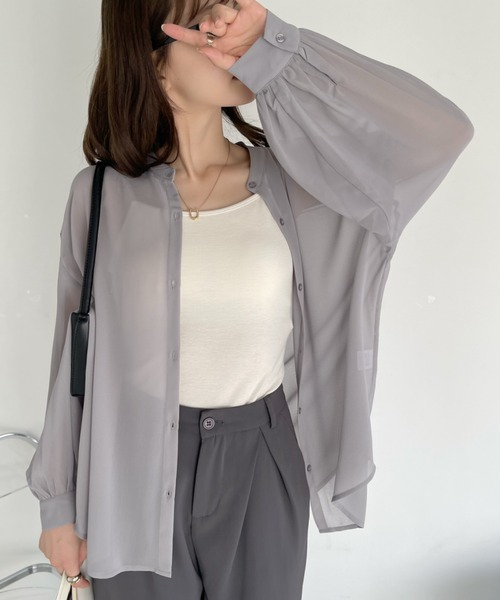 Ada.(エイダ)の「夏の冷房・ 紫外線・日焼け対策に! バンドカラー シアーシャツ(シャツ/ブラウス・レディース・ピンク/ブラック/ホワイト/ブルー/グレー/カーキ・FREE)」の3枚目の写真