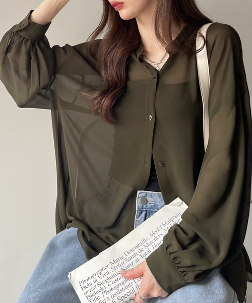 Ada.(エイダ)の「夏の冷房・ 紫外線・日焼け対策に! バンドカラー シアーシャツ(シャツ/ブラウス・レディース・ピンク/ブラック/ホワイト/ブルー/グレー/カーキ・FREE)」の4枚目の写真