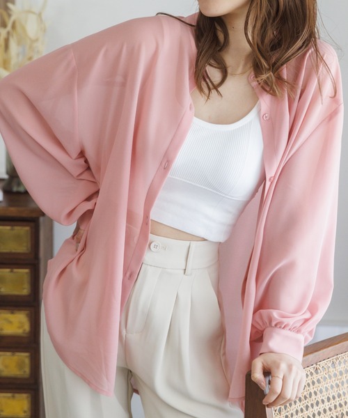 Ada.(エイダ)の「夏の冷房・ 紫外線・日焼け対策に! バンドカラー シアーシャツ(シャツ/ブラウス・レディース・ピンク/ブラック/ホワイト/ブルー/グレー/カーキ・FREE)」の6枚目の写真