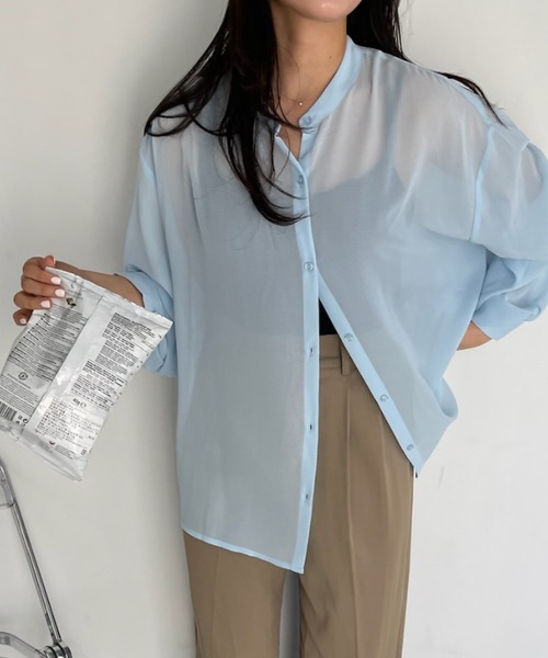Ada.(エイダ)の「夏の冷房・ 紫外線・日焼け対策に! バンドカラー シアーシャツ(シャツ/ブラウス・レディース・ピンク/ブラック/ホワイト/ブルー/グレー/カーキ・FREE)」の5枚目の写真