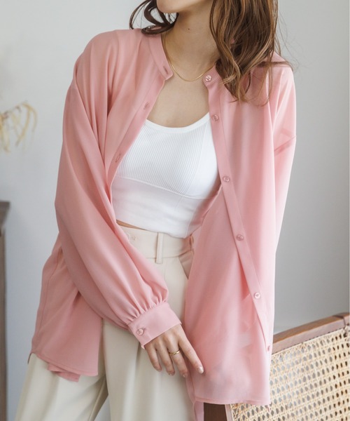 Ada.(エイダ)の「夏の冷房・ 紫外線・日焼け対策に! バンドカラー シアーシャツ(シャツ/ブラウス・レディース・ピンク/ブラック/ホワイト/ブルー/グレー/カーキ・FREE)」の22枚目の写真