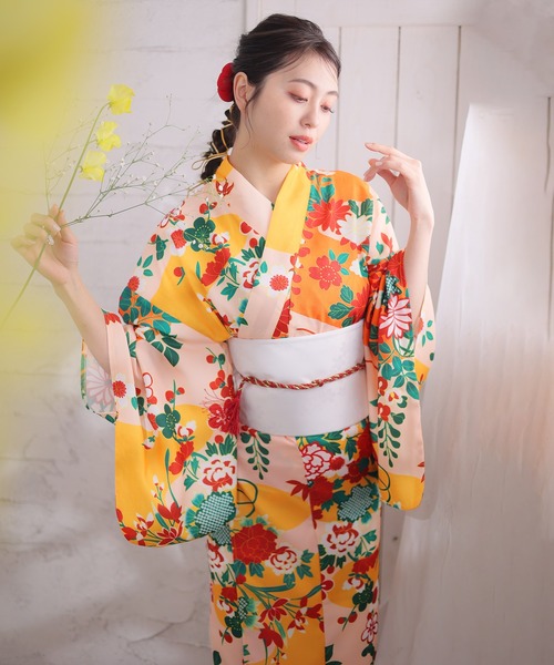 一点物✨ヴィンテージ　ビーズバッグ　お花柄　ゴールドチェーン　レトロ　和装　浴衣 セール】レトロフラワー浴衣ミニ丈ワンピース（浴衣