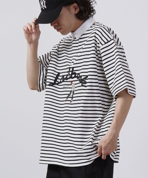 Red Cap Girl(レッドキャプガール)の「Red Cap Girl ヘビーウェイト 天竺 フロントプリント ビッグシルエット ラガーTシャツ 半袖(Tシャツ/カットソー・メンズ・ブルー/ホワイト×ブラック/ブラック×ホワイト/ブラック・M/L)」の2枚目の写真