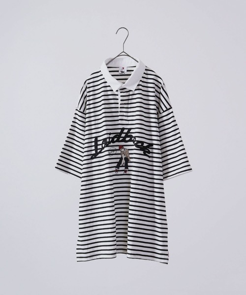 Red Cap Girl(レッドキャプガール)の「Red Cap Girl ヘビーウェイト 天竺 フロントプリント ビッグシルエット ラガーTシャツ 半袖(Tシャツ/カットソー・メンズ・ブルー/ホワイト×ブラック/ブラック×ホワイト/ブラック・M/L)」の5枚目の写真