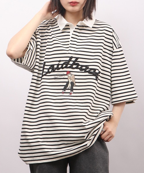 Red Cap Girl(レッドキャプガール)の「Red Cap Girl ヘビーウェイト 天竺 フロントプリント ビッグシルエット ラガーTシャツ 半袖(Tシャツ/カットソー・メンズ・ブルー/ホワイト×ブラック/ブラック×ホワイト/ブラック・M/L)」の9枚目の写真