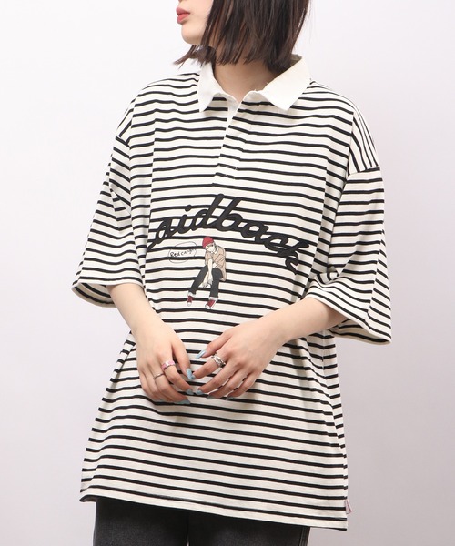 Red Cap Girl(レッドキャプガール)の「Red Cap Girl ヘビーウェイト 天竺 フロントプリント ビッグシルエット ラガーTシャツ 半袖(Tシャツ/カットソー・メンズ・ブルー/ホワイト×ブラック/ブラック×ホワイト/ブラック・M/L)」の10枚目の写真