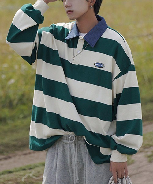 WESTBOY(ウエストボーイ)の「ビッグシルエットボーダーラガーシャツ WOK23S3TP03【WB ORIGINALS】(ポロシャツ・メンズ・ブルー/グリーン・L/M/XL)」の11枚目の写真