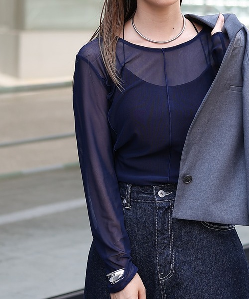 COLONY 2139（コロニートゥーワンスリーナイン）の「シアーメロー切替トップス（Tシャツ/カットソー・レディース・グリーン/グレー/ネイビー/ブラック・FREE）」の4枚目の写真