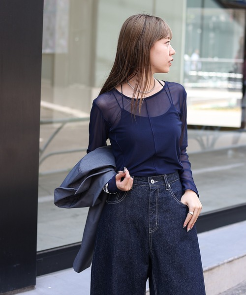 COLONY 2139（コロニートゥーワンスリーナイン）の「シアーメロー切替トップス（Tシャツ/カットソー・レディース・グリーン/グレー/ネイビー/ブラック・FREE）」の6枚目の写真