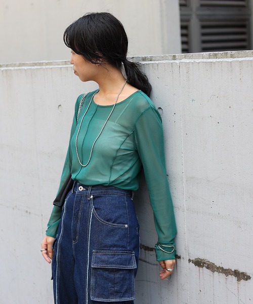 COLONY 2139（コロニートゥーワンスリーナイン）の「シアーメロー切替トップス（Tシャツ/カットソー・レディース・グリーン/グレー/ネイビー/ブラック・FREE）」の7枚目の写真