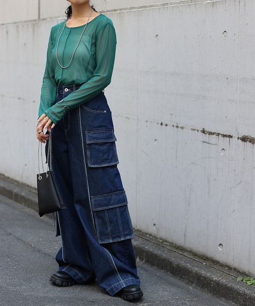 COLONY 2139（コロニートゥーワンスリーナイン）の「シアーメロー切替トップス（Tシャツ/カットソー・レディース・グリーン/グレー/ネイビー/ブラック・FREE）」の19枚目の写真