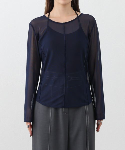 COLONY 2139（コロニートゥーワンスリーナイン）の「シアーメロー切替トップス（Tシャツ/カットソー・レディース・グリーン/グレー/ネイビー/ブラック・FREE）」の9枚目の写真