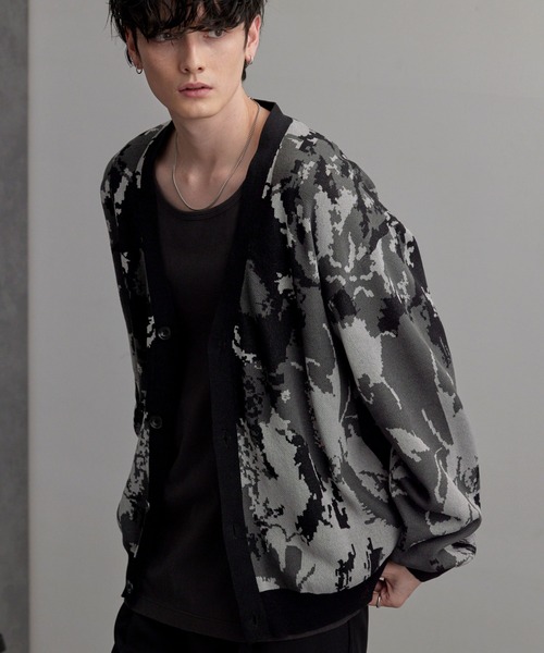 アブストラクトボタニカル ジャガードニットL/Sカーディガン MONO-MART