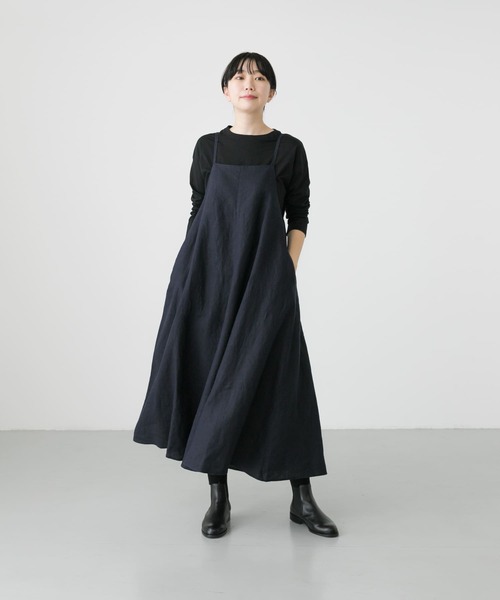 かぐれ リネン キャミ ワンピース ブラック かぐれ（カグレ）の「リネンキャミワンピース（ワンピース