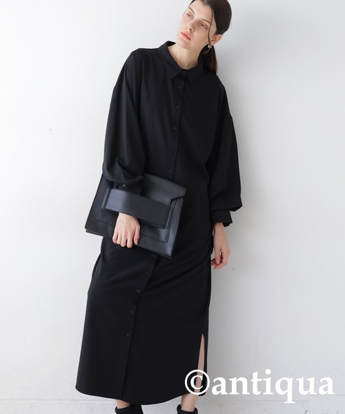 antiqua(アンティカ)の「とろみ生地シャツワンピース(シャツワンピース・レディース・オフホワイト/ブラック/ライトグリーン・R/P)」の3枚目の写真