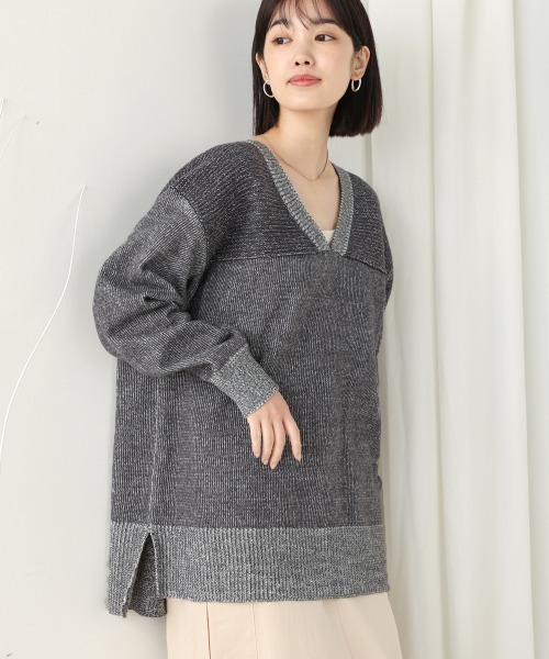 ここさぶた　Bou Jeloud ニットドッキングチェック柄チュニック セール】デニムライクニットチュニック（Tシャツ/カットソー
