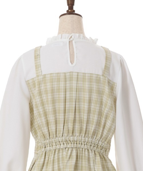 LIZLISA 編み上げ　リボン　チェック　エプロンワンピ　ネイビー LIZLISA 編み上げ リボン チェック エプロンワンピ ネイビー