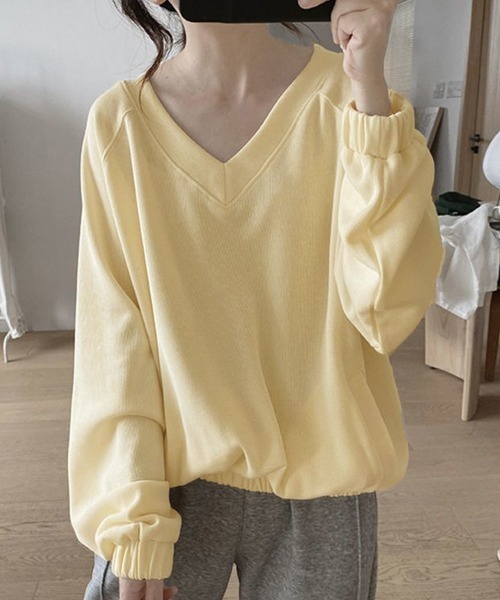 Miniministore（ミニミニストア）の「Vネック 着やせ 長袖プルオーバー 無地（Tシャツ/カットソー・レディース・ライトイエロー/ブラック/イエロー・FREE）」の3枚目の写真
