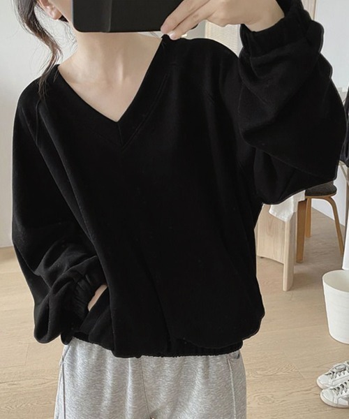 Miniministore（ミニミニストア）の「Vネック 着やせ 長袖プルオーバー 無地（Tシャツ/カットソー・レディース・ライトイエロー/ブラック/イエロー・FREE）」の2枚目の写真