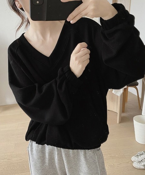 Miniministore（ミニミニストア）の「Vネック 着やせ 長袖プルオーバー 無地（Tシャツ/カットソー・レディース・ライトイエロー/ブラック/イエロー・FREE）」の5枚目の写真