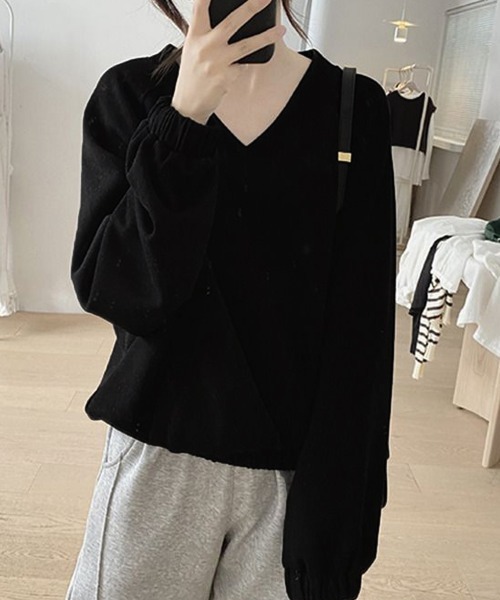 Miniministore（ミニミニストア）の「Vネック 着やせ 長袖プルオーバー 無地（Tシャツ/カットソー・レディース・ライトイエロー/ブラック/イエロー・FREE）」の6枚目の写真