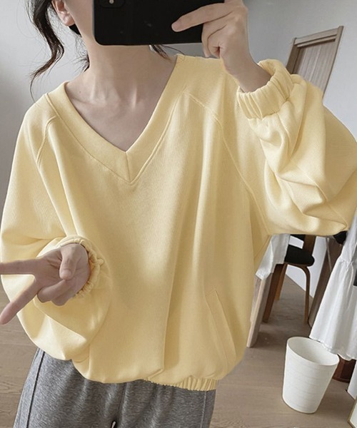 Miniministore（ミニミニストア）の「Vネック 着やせ 長袖プルオーバー 無地（Tシャツ/カットソー・レディース・ライトイエロー/ブラック/イエロー・FREE）」の7枚目の写真