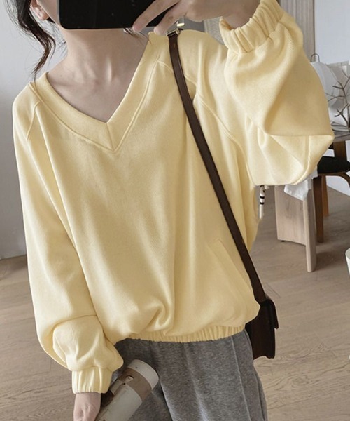Miniministore（ミニミニストア）の「Vネック 着やせ 長袖プルオーバー 無地（Tシャツ/カットソー・レディース・ライトイエロー/ブラック/イエロー・FREE）」の8枚目の写真