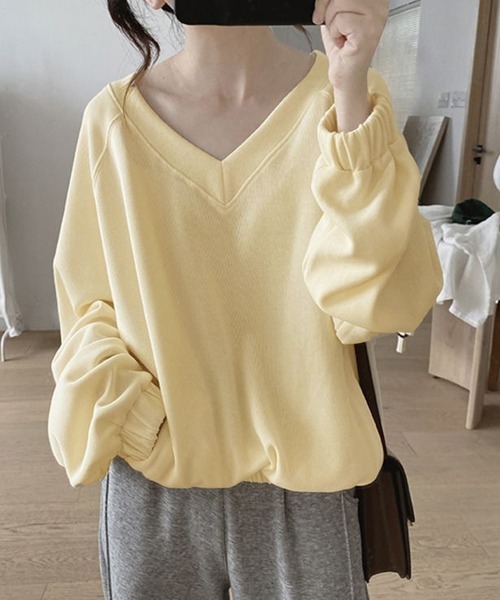 Miniministore（ミニミニストア）の「Vネック 着やせ 長袖プルオーバー 無地（Tシャツ/カットソー・レディース・ライトイエロー/ブラック/イエロー・FREE）」の9枚目の写真