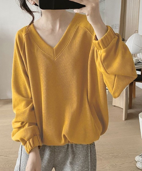 Miniministore（ミニミニストア）の「Vネック 着やせ 長袖プルオーバー 無地（Tシャツ/カットソー・レディース・ライトイエロー/ブラック/イエロー・FREE）」の10枚目の写真