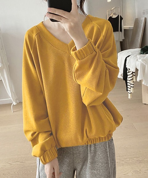 Miniministore（ミニミニストア）の「Vネック 着やせ 長袖プルオーバー 無地（Tシャツ/カットソー・レディース・ライトイエロー/ブラック/イエロー・FREE）」の11枚目の写真