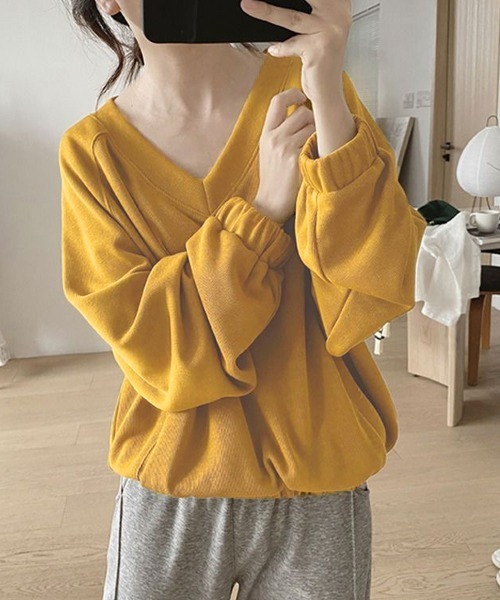 Miniministore（ミニミニストア）の「Vネック 着やせ 長袖プルオーバー 無地（Tシャツ/カットソー・レディース・ライトイエロー/ブラック/イエロー・FREE）」の12枚目の写真