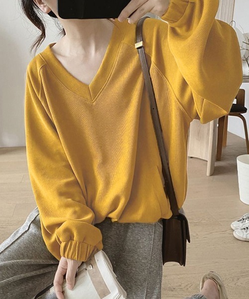 Miniministore（ミニミニストア）の「Vネック 着やせ 長袖プルオーバー 無地（Tシャツ/カットソー・レディース・ライトイエロー/ブラック/イエロー・FREE）」の13枚目の写真