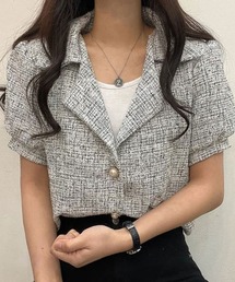 パフ半袖Vネックブラウス