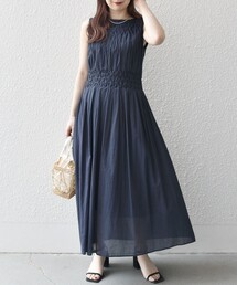 【WEB限定】SHIPS any: ハンドスモッキング  コットン フレア ノースリーブ ワンピース
