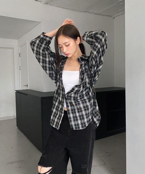 セール】オーバーサイズロングチェックシャツ（シャツ/ブラウス）｜by