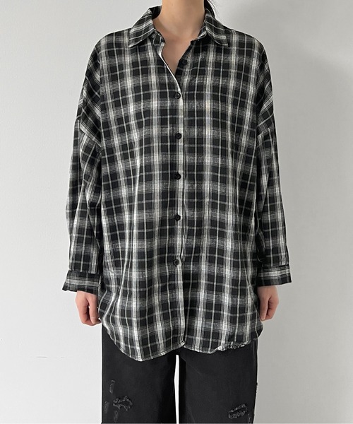 セール】オーバーサイズロングチェックシャツ（シャツ/ブラウス）｜by