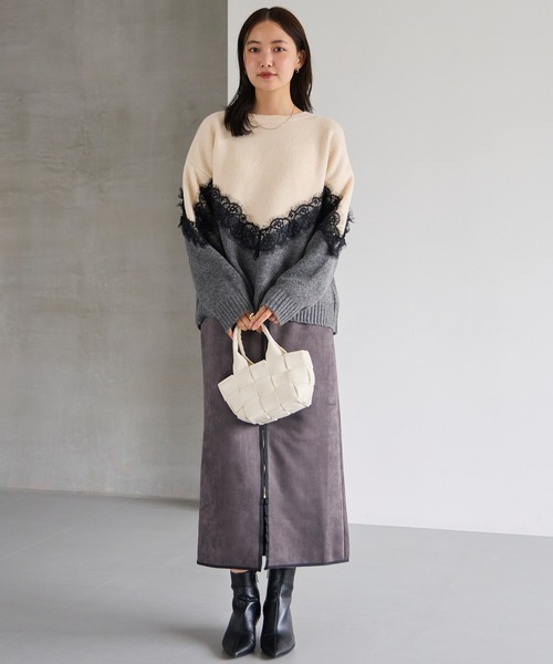 洗える】レース切替バイカラーニットプルオーバー（ニット/セーター