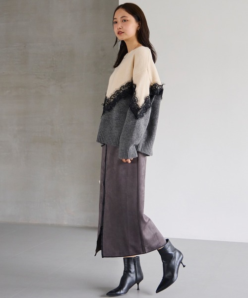 洗える】レース切替バイカラーニットプルオーバー（ニット/セーター