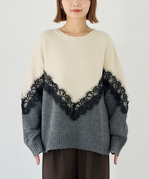 洗える】レース切替バイカラーニットプルオーバー（ニット/セーター