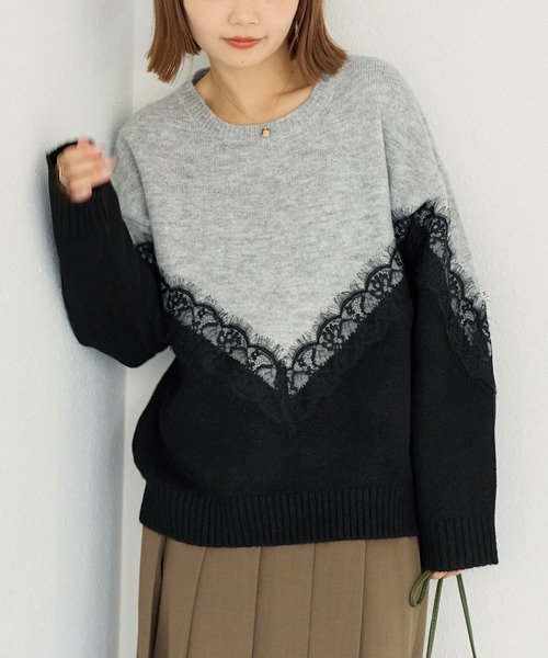 洗える】レース切替バイカラーニットプルオーバー（ニット/セーター
