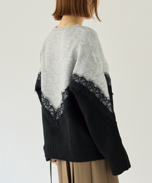 洗える】レース切替バイカラーニットプルオーバー（ニット/セーター