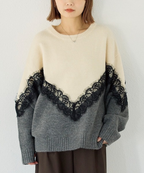 レースニットプルオーバー Te chichi（テチチ）の「レース衿5分袖ニットプルオーバー（ニット