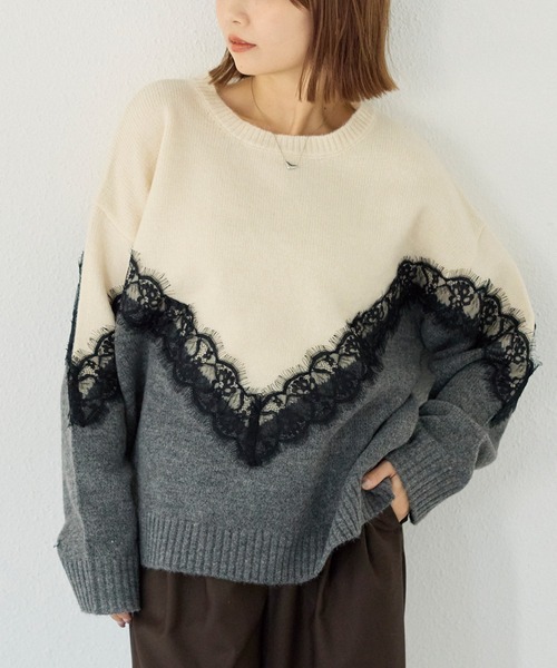 洗える】レース切替バイカラーニットプルオーバー（ニット/セーター