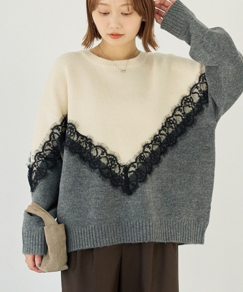 atelier edition グレー レース編み ニットセーター 長袖 洗える】レース切替バイカラーニットプルオーバー（ニット/セーター